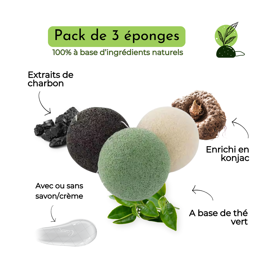 Pack 3 éponges Konjac, Charbon, Thé vert